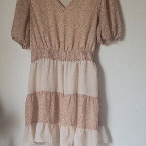 Tan and Cream Puff Sleeve Mini Sundress
